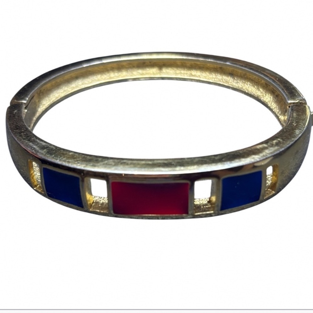 RARE Givenchy 1981 Vintage Gold Tone Red Blue panels Hinged Bangle Bracelet